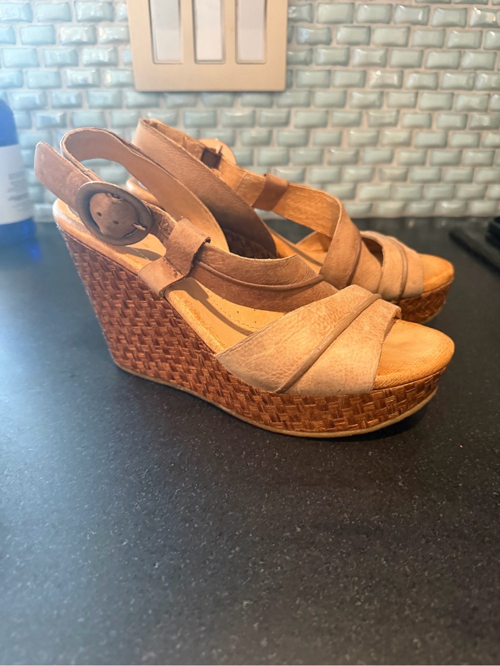 Naya tan leather wedge sandals size 7 with buckle detail